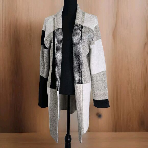 Keren Hart Cardigan Medium Colorblock Beige Black Neutral Sweater Long Open - Picture 1 of 9